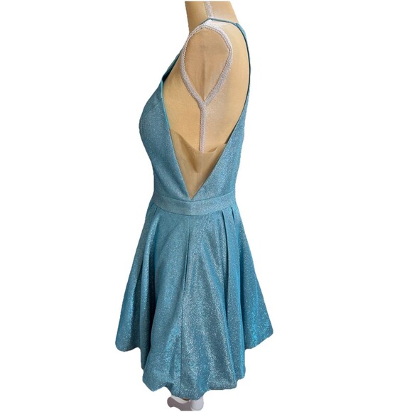 Sherri Hill Cocktail Dress Sz. 10 Blue Short Halter Glitter Shimmer Prom Formal - Picture 13 of 16
